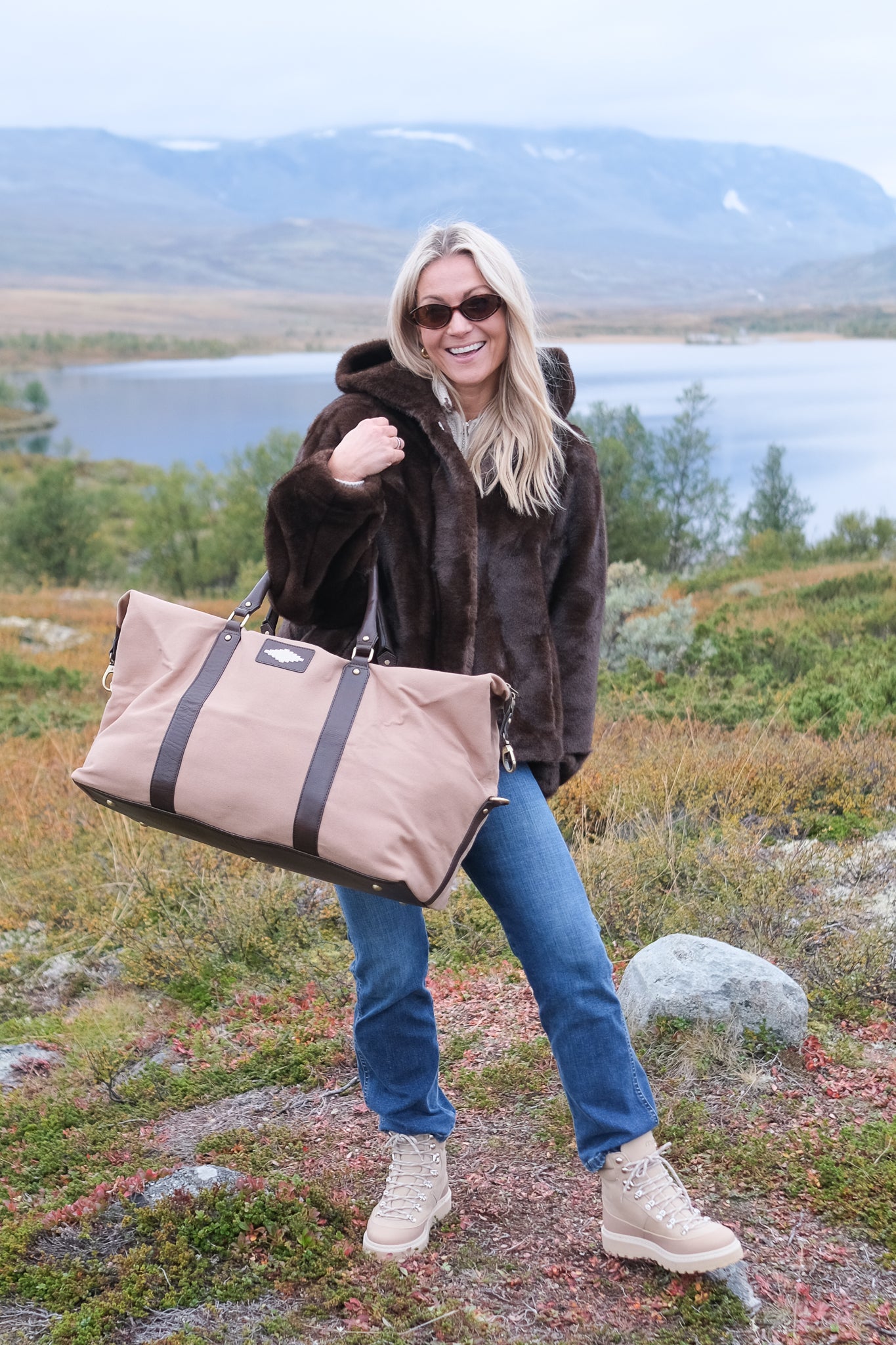 Caballero Large Travel Bag Brown Leather and Sand Canvas