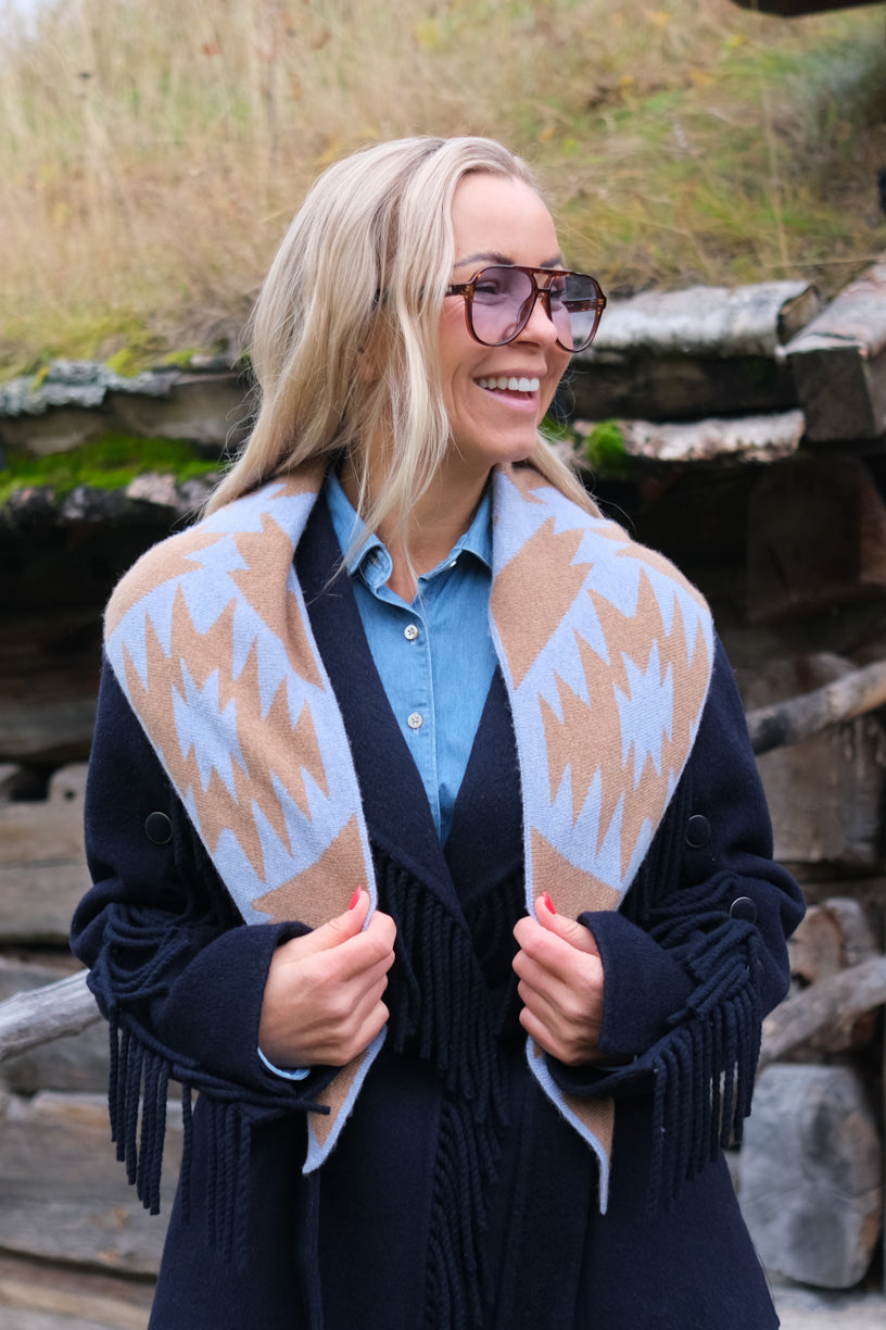 Cashmere Scarf Triangle Terra Light Blue & Camel