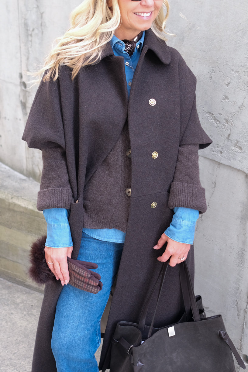 Long Mok Coat Rounded Collar Brown