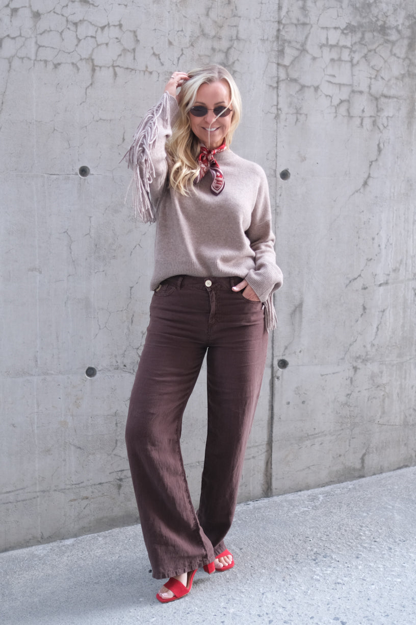 Boxy Fringes Biker Style Sweater Mink