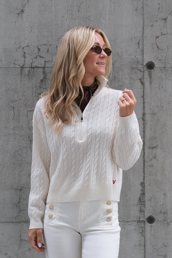 Knitwear Cable Zip Sweater Ecru