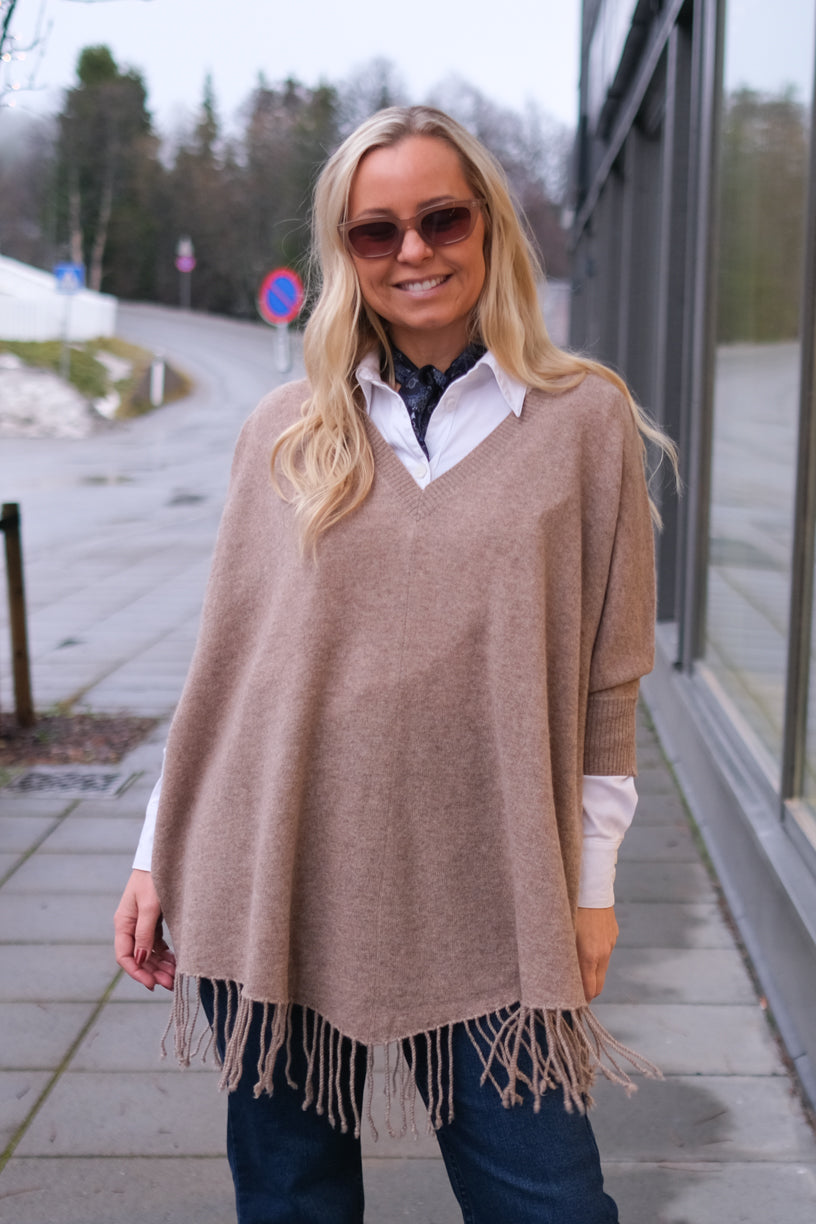 V-Neck Poncho Fringes Mink