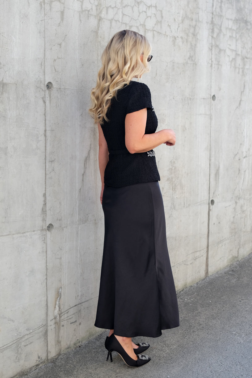 Boucle Crystal Trim Satin Midi Dress Black
