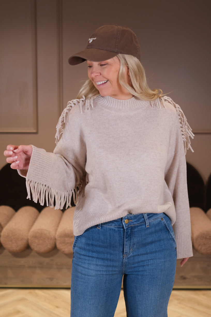 Boxy O-neck Fringes Sweater Light Beige