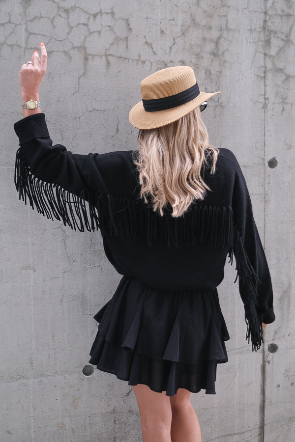 Boxy Fringes Biker Style Sweater Black