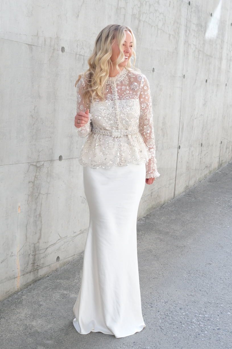 Sequin Embellished Satin Maxi Dress Cream