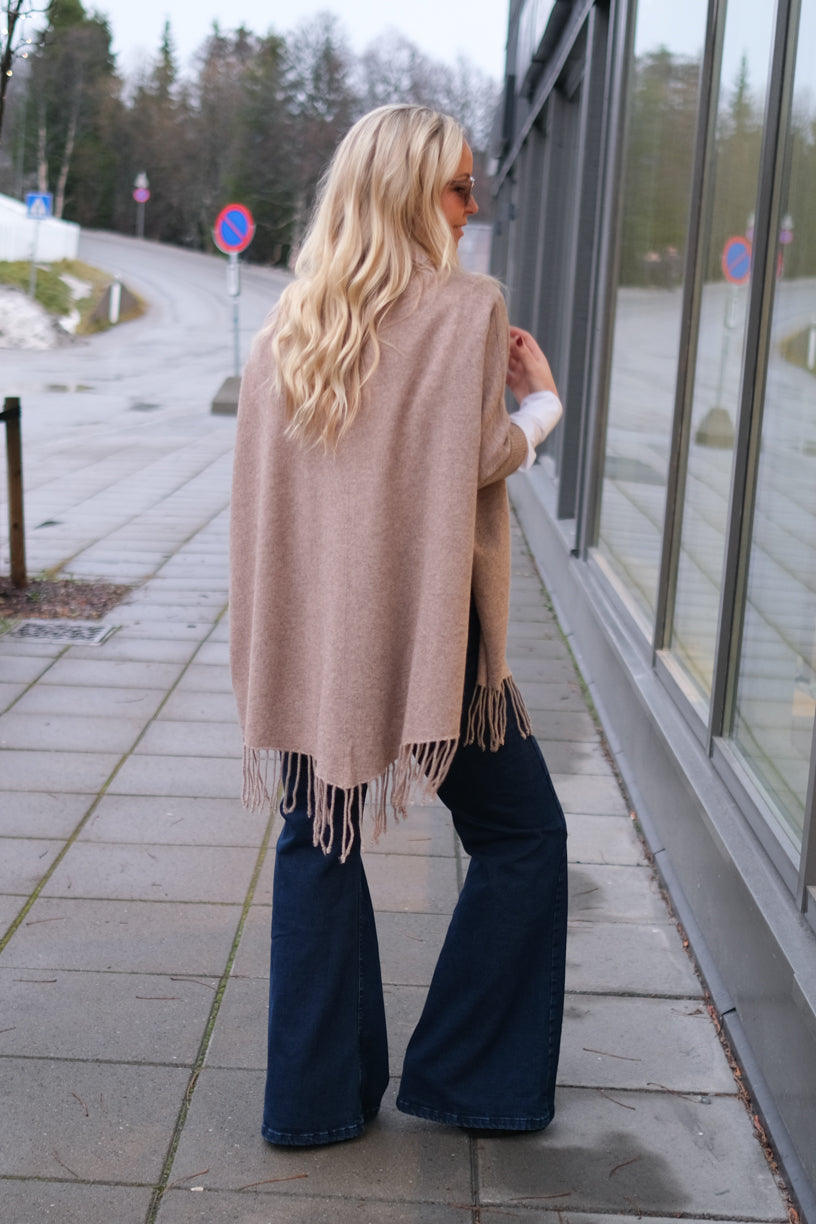 V-Neck Poncho Fringes Mink