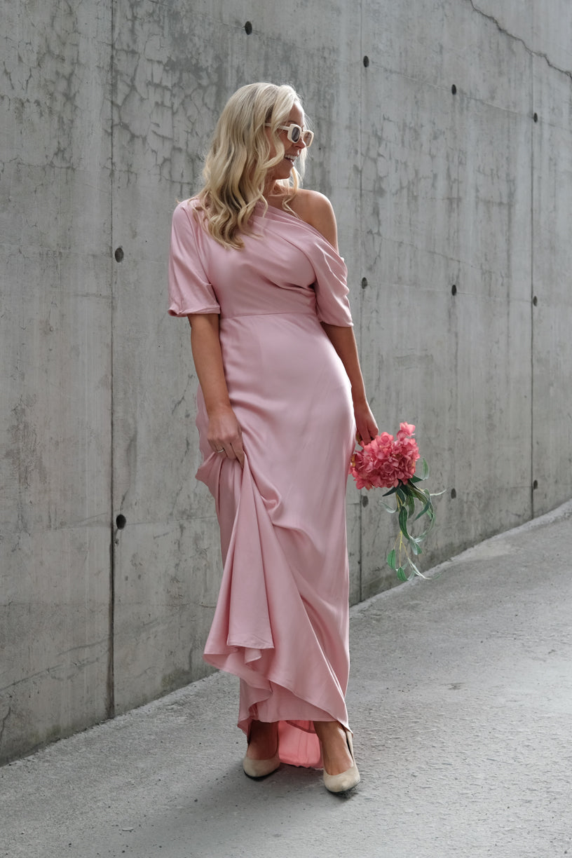Marisa Asymmetrical Satin Maxi Dress Blush