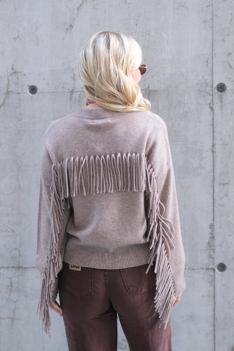 Boxy Fringes Biker Style Sweater Mink