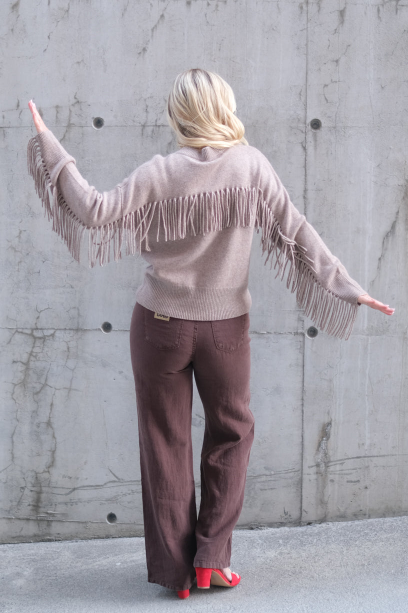 Boxy Fringes Biker Style Sweater Mink