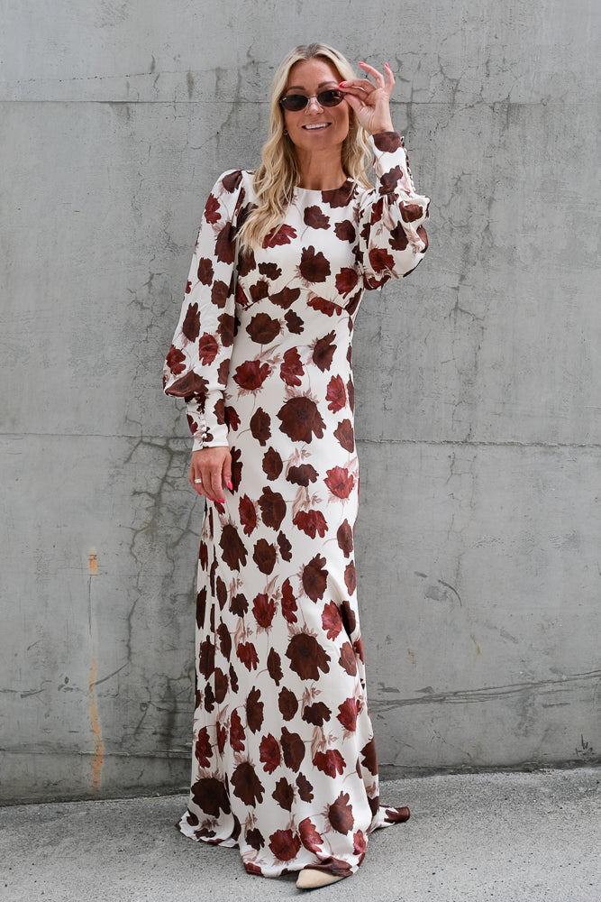 Alize Long Sleeved Satin Maxi Dress Wine Peony