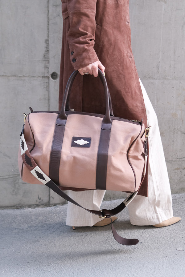 Varon Small Travel Bag Brown Leather and Sand Canvas