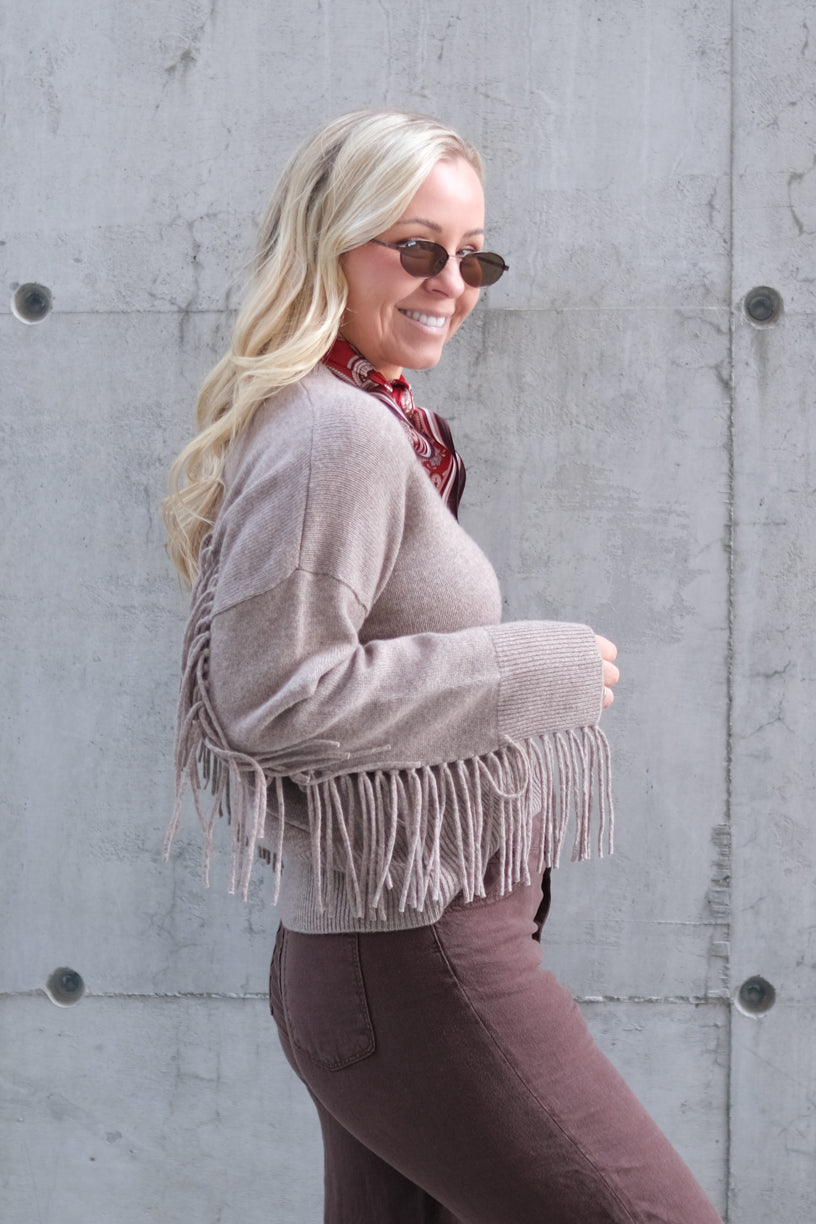Boxy Fringes Biker Style Sweater Mink