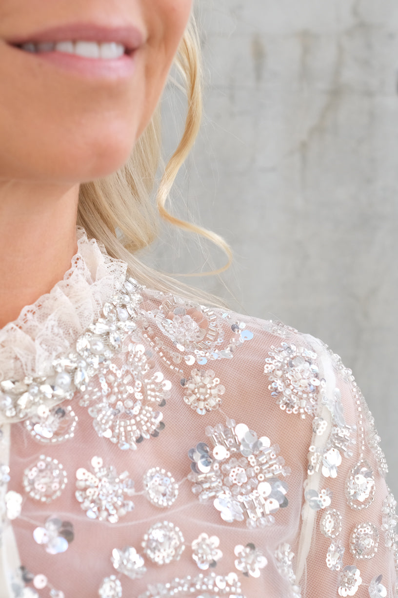 Sequin Embellished Satin Maxi Dress Cream