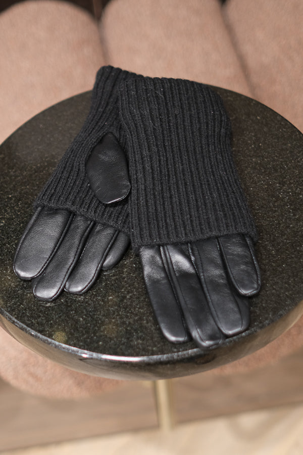 Leather Knit Gloves Black