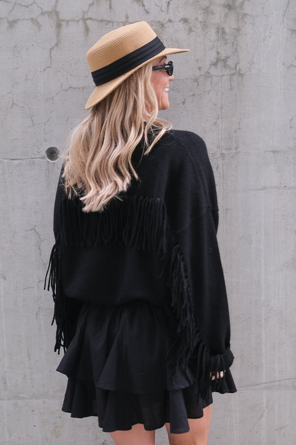Boxy Fringes Biker Style Sweater Black