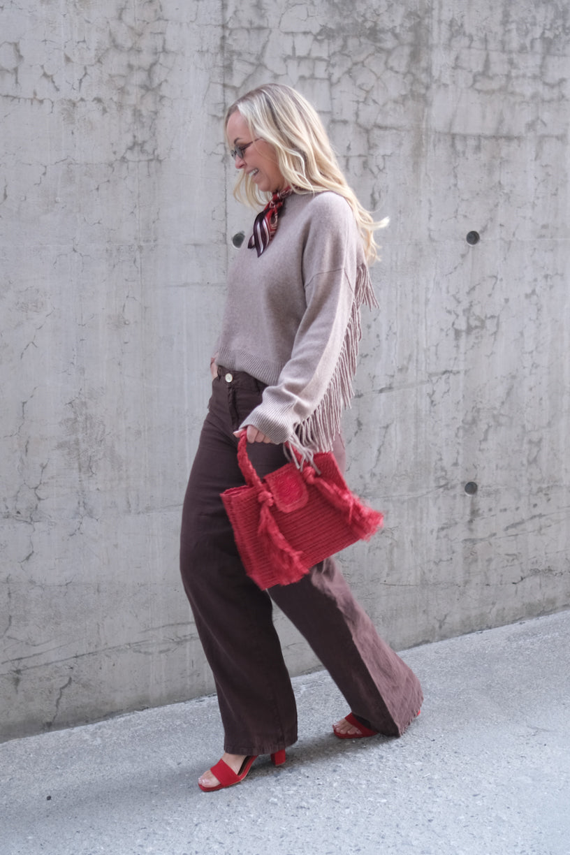 Boxy Fringes Biker Style Sweater Mink