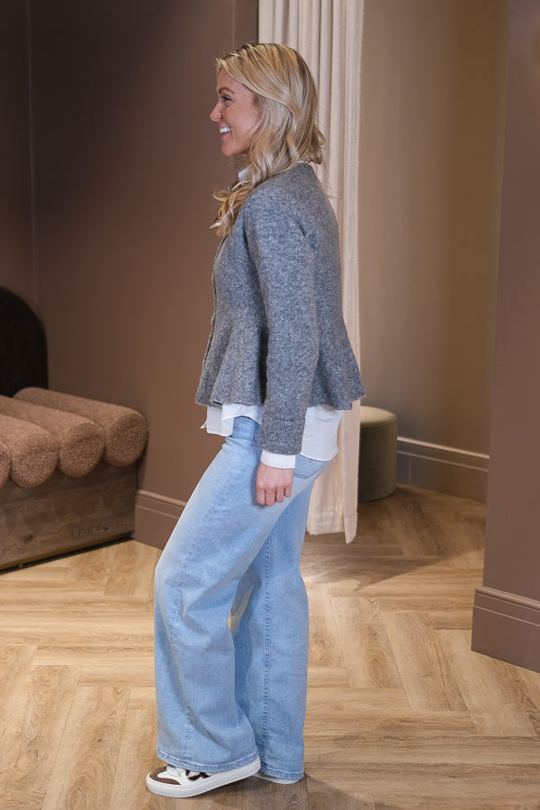 Hiva Peplum Knit Cardigan Mid Grey Melange