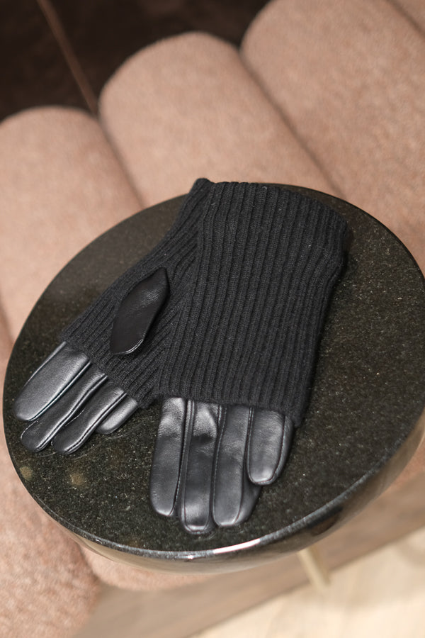 Leather Knit Gloves Black