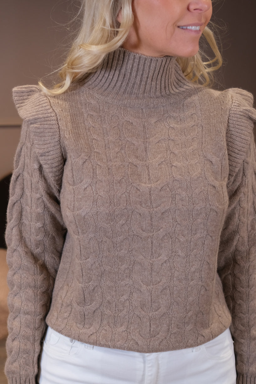 Rollneck Frill Cable Sweater Mink