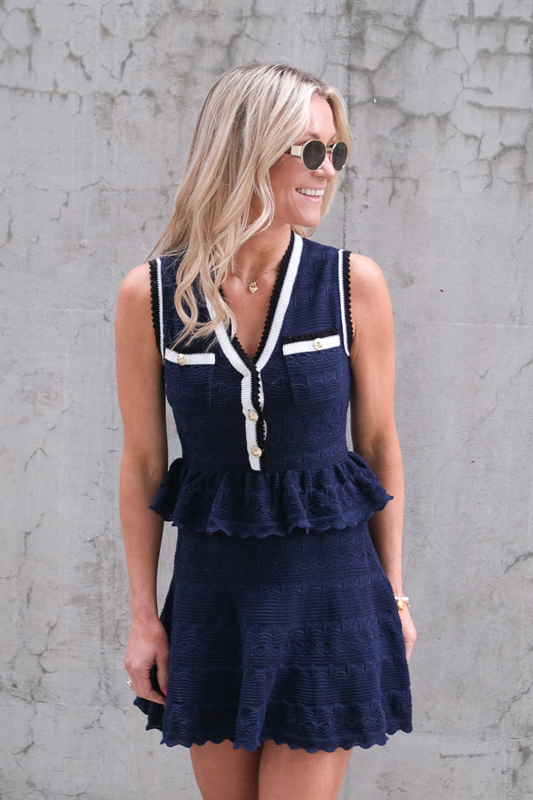Peplum Pointelle Knit Mini Dress Navy