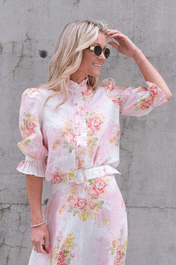Linen Ruffle Blouse Rose Amore
