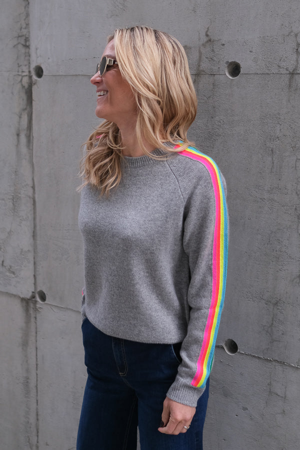 Roundneck Sweater Grey Multicolour Stripes
