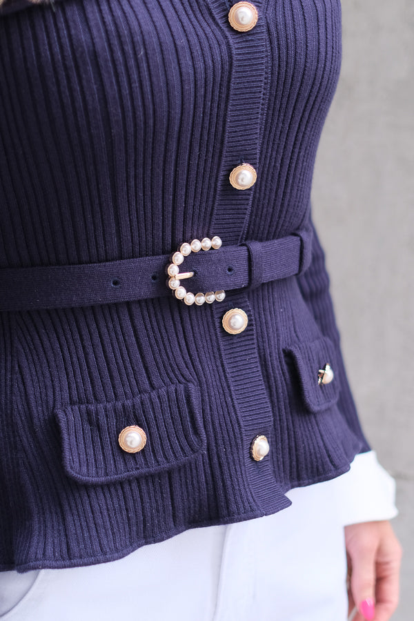 Ribbed Knit Cardigan Navy