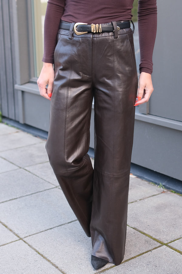 Letho Leather Straight Trousers Chocolate Plum
