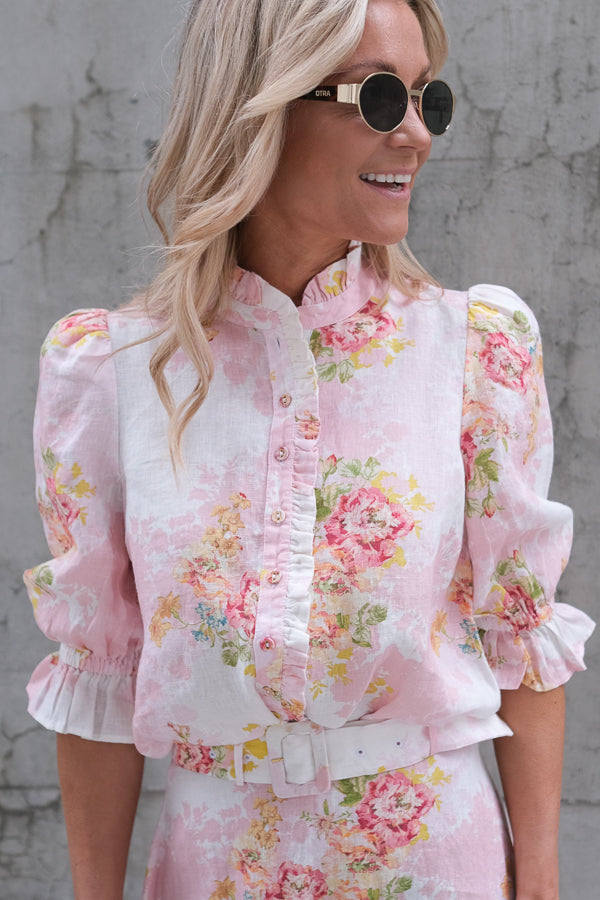 Linen Ruffle Blouse Rose Amore