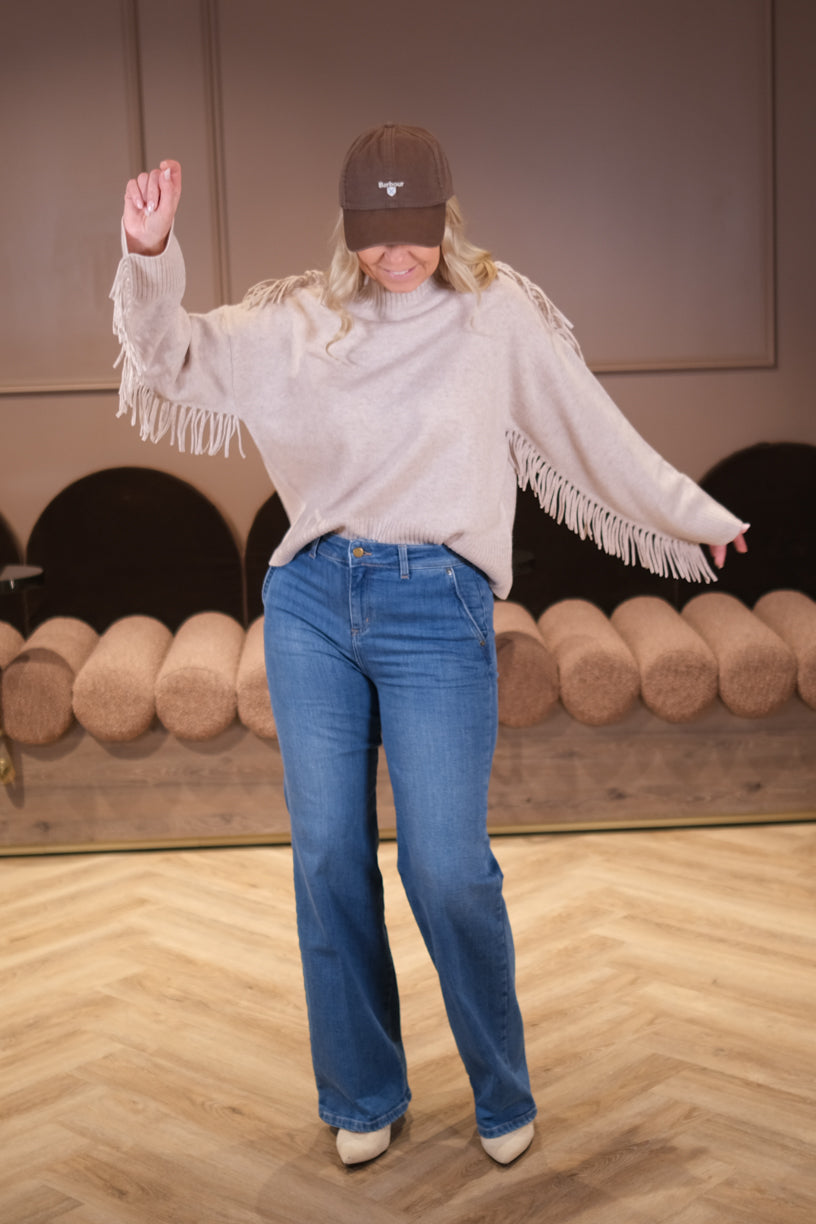 Boxy O-neck Fringes Sweater Light Beige
