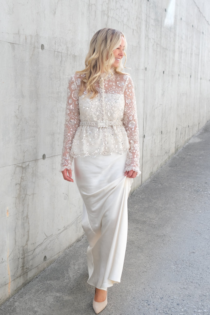Sequin Embellished Satin Maxi Dress Cream