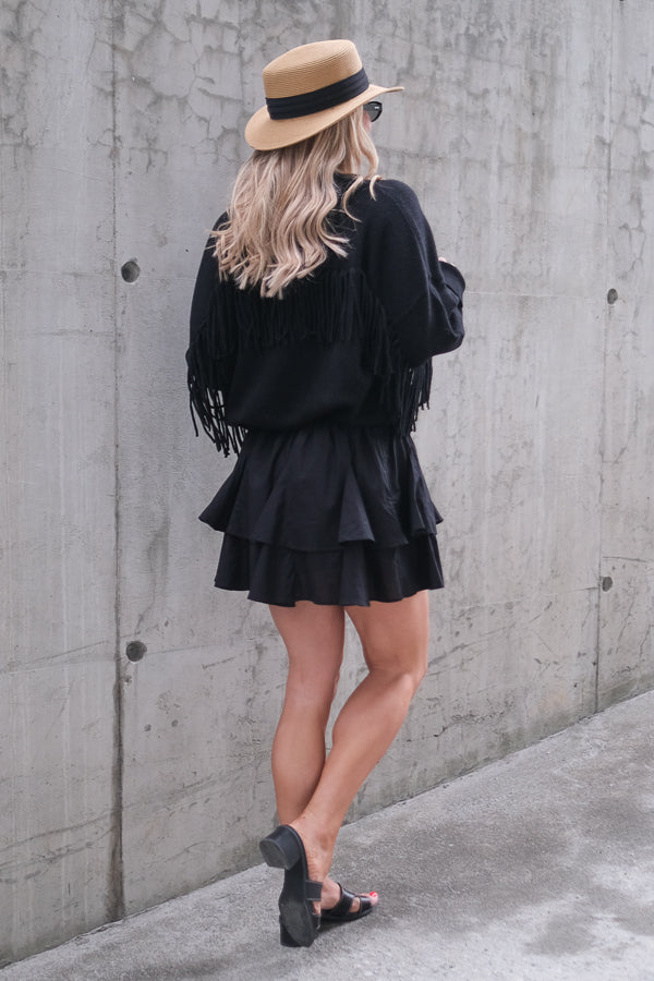 Boxy Fringes Biker Style Sweater Black