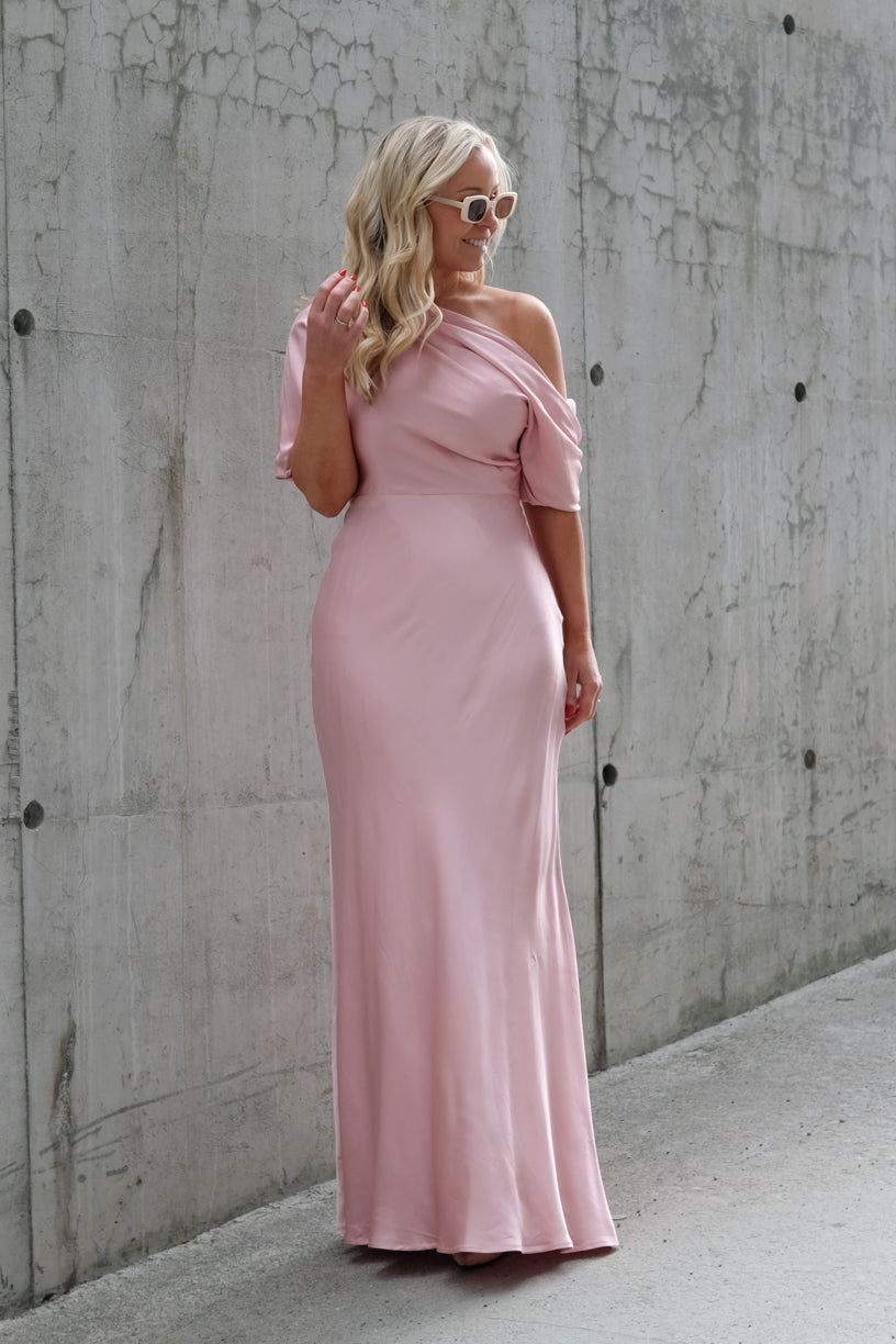 Marisa Asymmetrical Satin Maxi Dress Blush