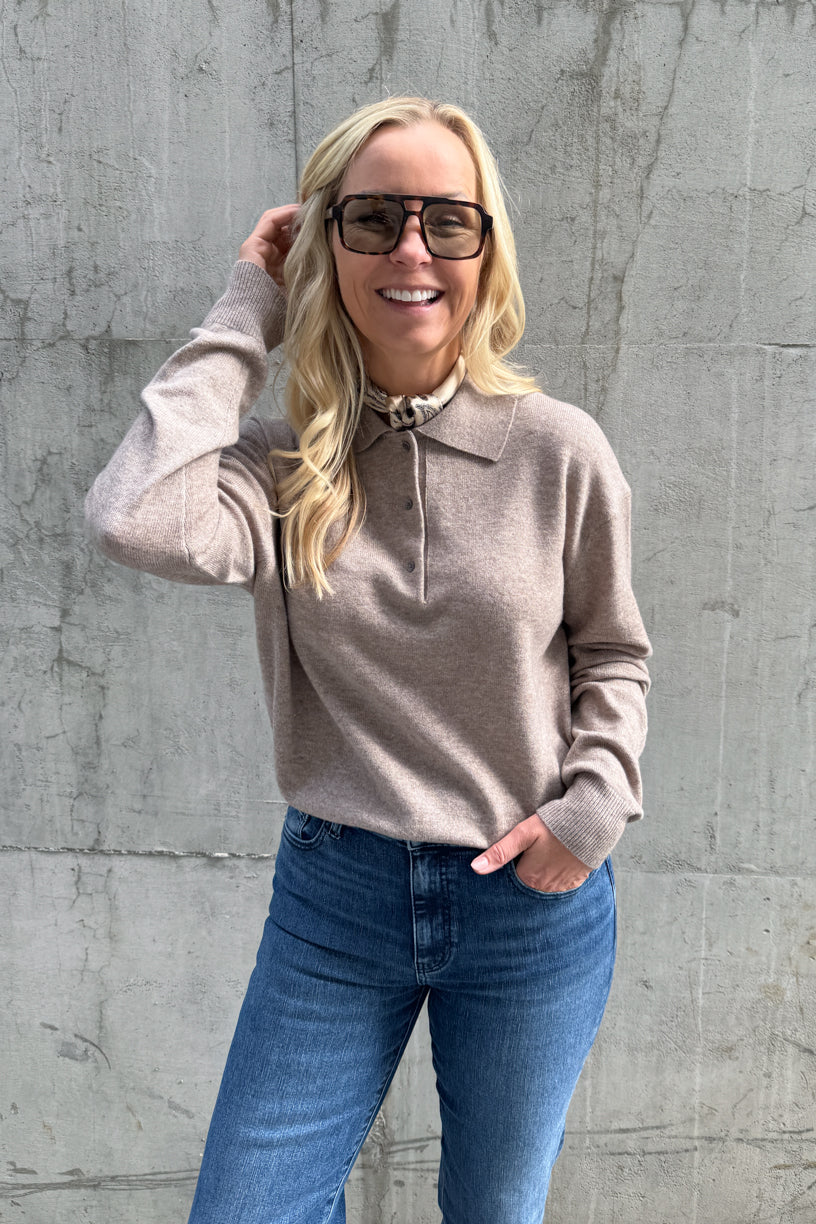 Longo Knit Long Sleeve Collar Mid Brown Melange