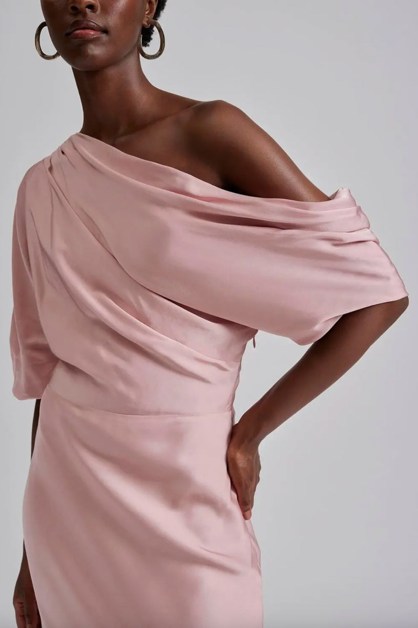 Marisa Asymmetrical Satin Maxi Dress Blush