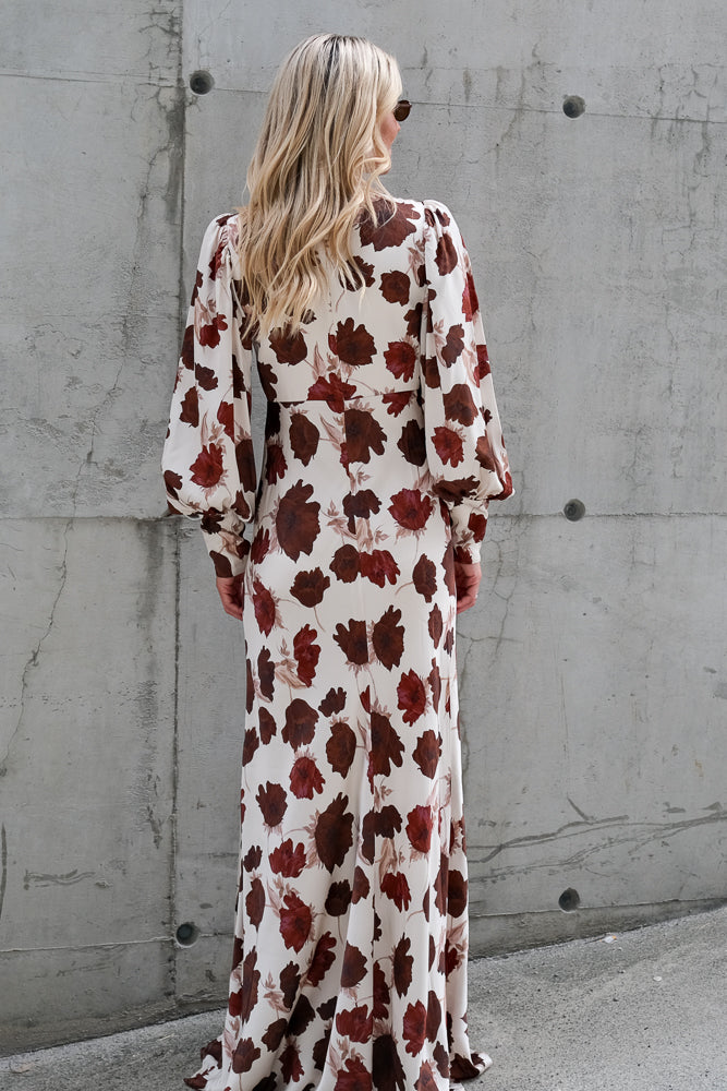 Alize Long Sleeved Satin Maxi Dress Wine Peony