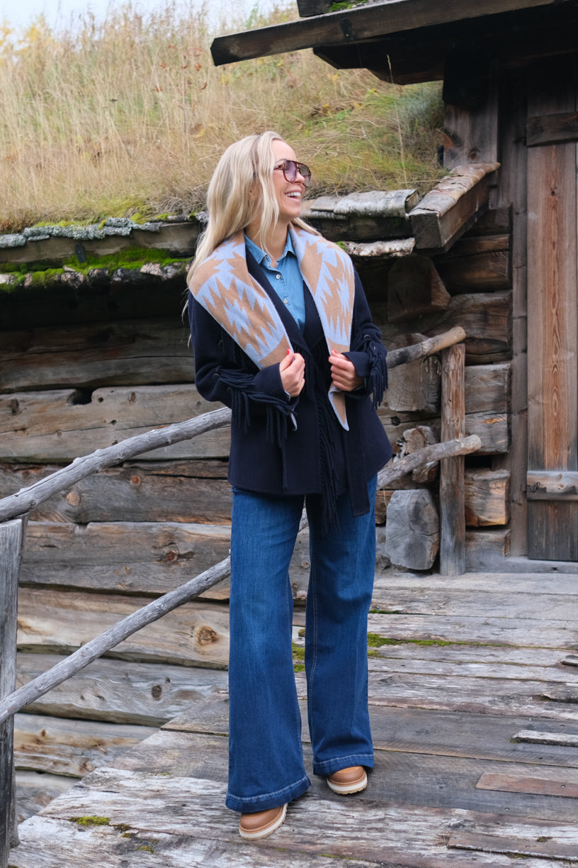 Cashmere Scarf Triangle Terra Light Blue & Camel