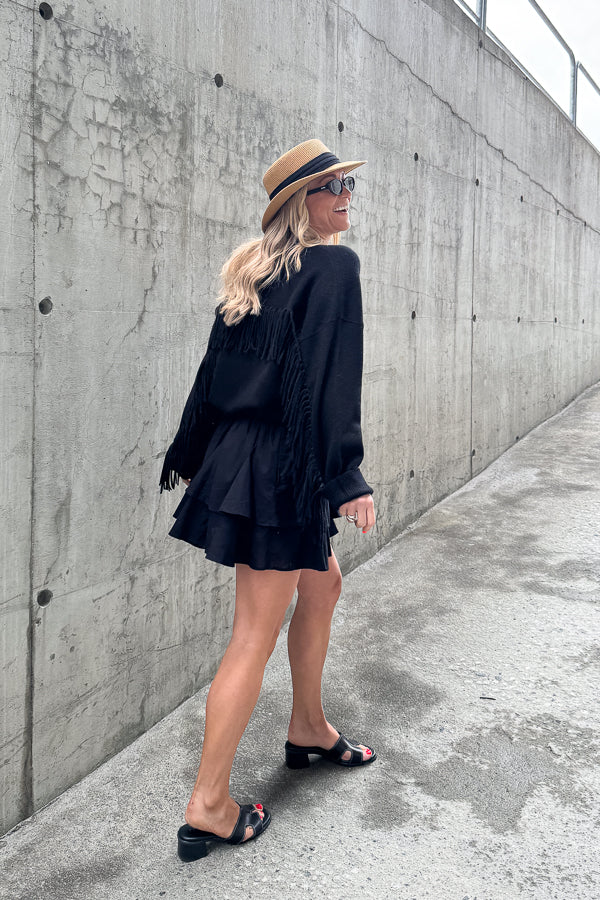 Boxy Fringes Biker Style Sweater Black