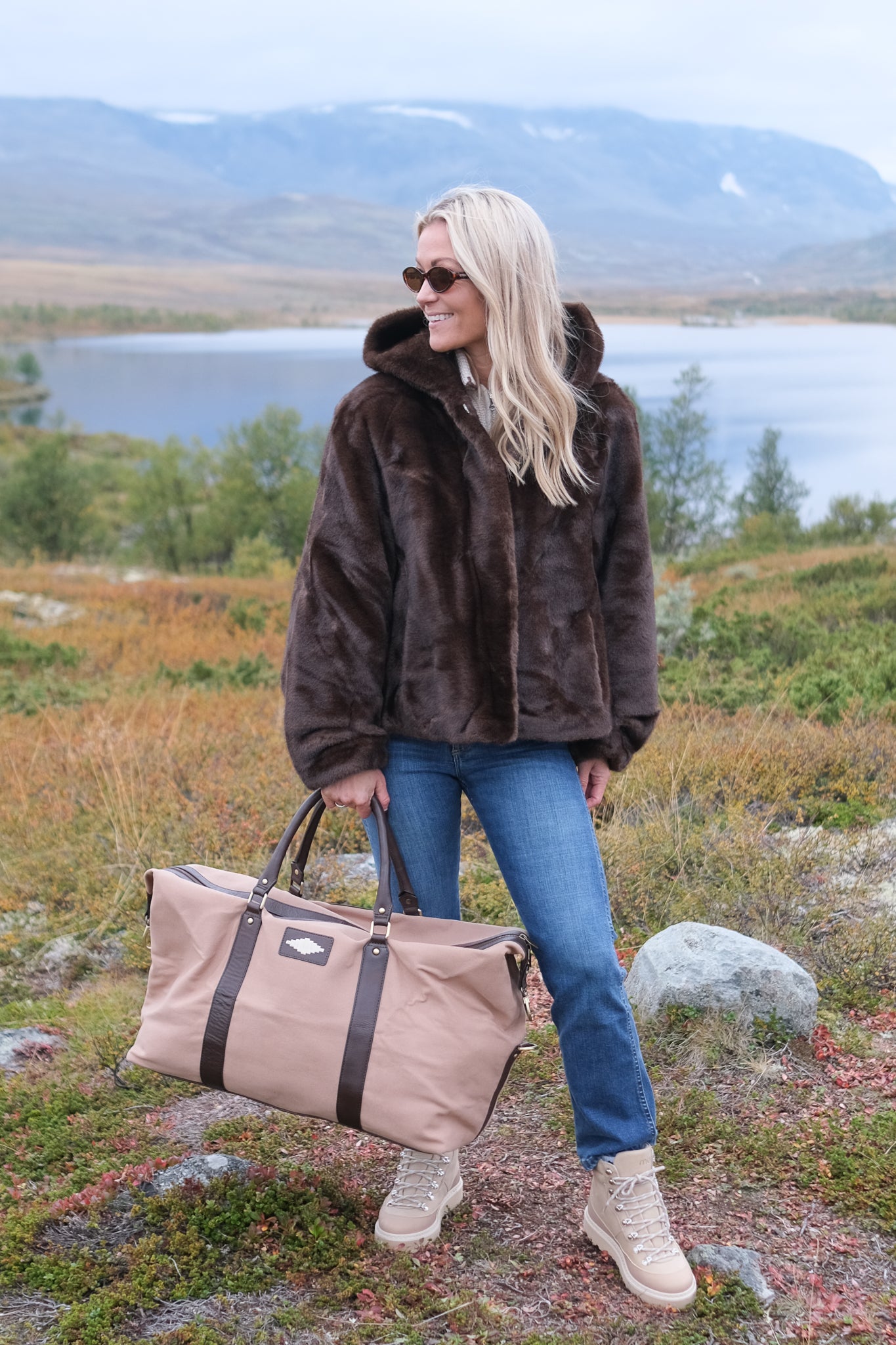 Caballero Large Travel Bag Brown Leather and Sand Canvas