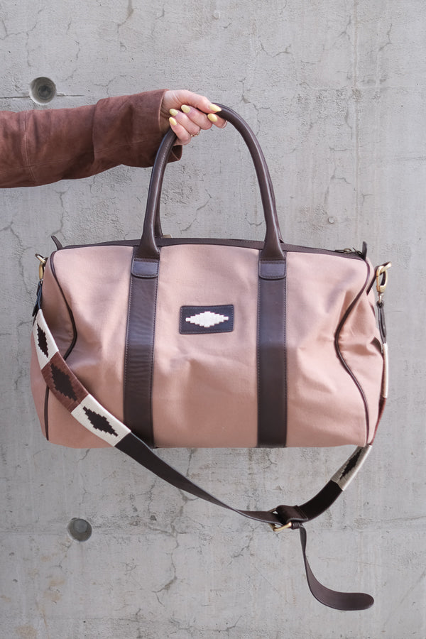 Varon Small Travel Bag Brown Leather and Sand Canvas