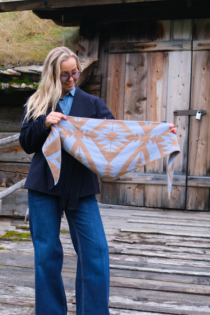 Cashmere Scarf Triangle Terra Light Blue & Camel