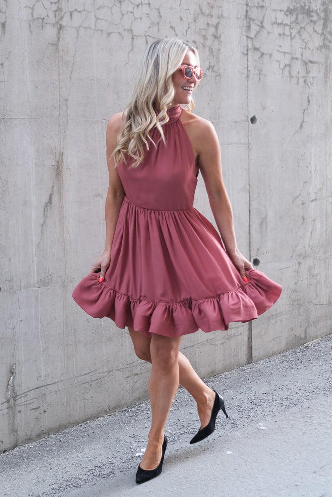 Fern Halterneck Ruffled Mini Dress Terracotta