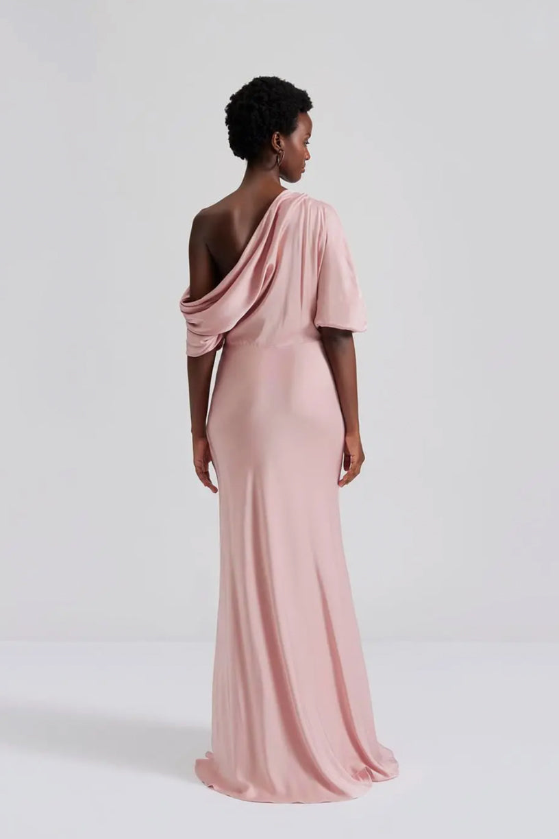 Marisa Asymmetrical Satin Maxi Dress Blush