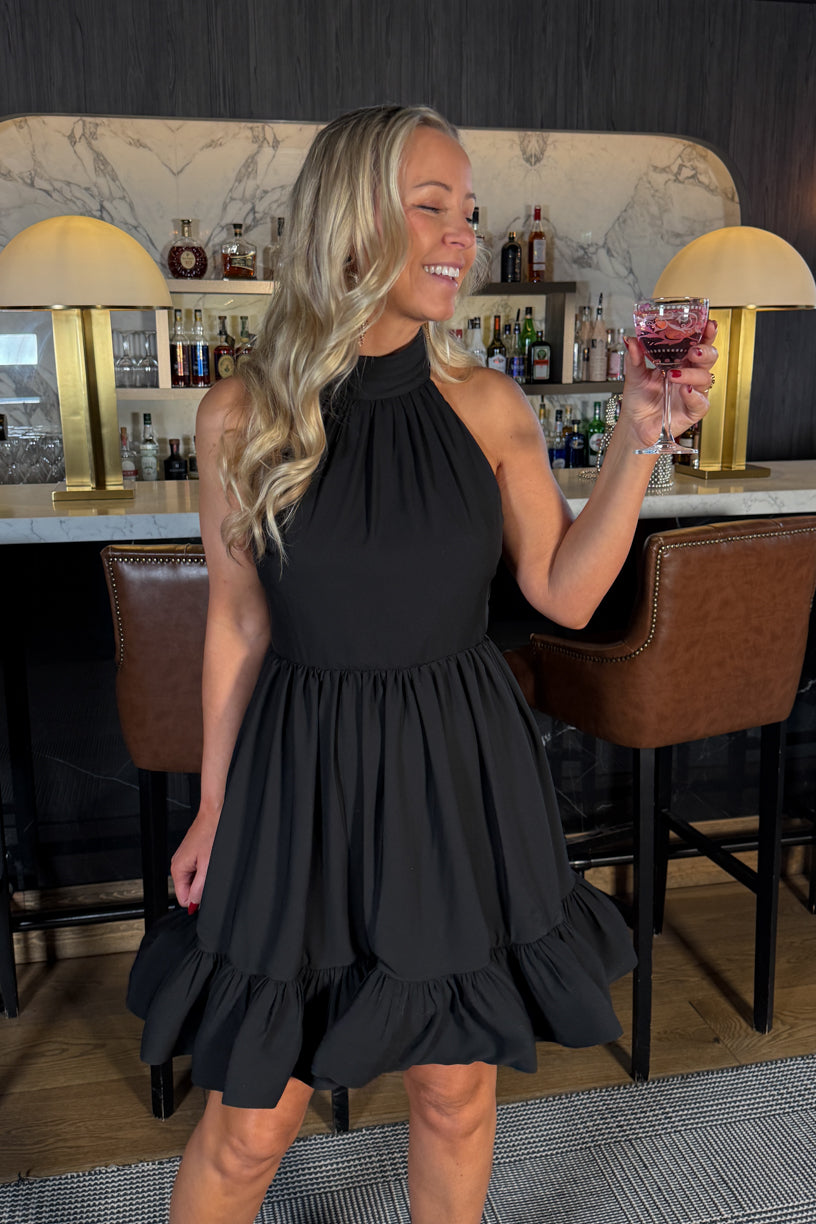 Fern Halterneck Ruffled Mini Dress Black