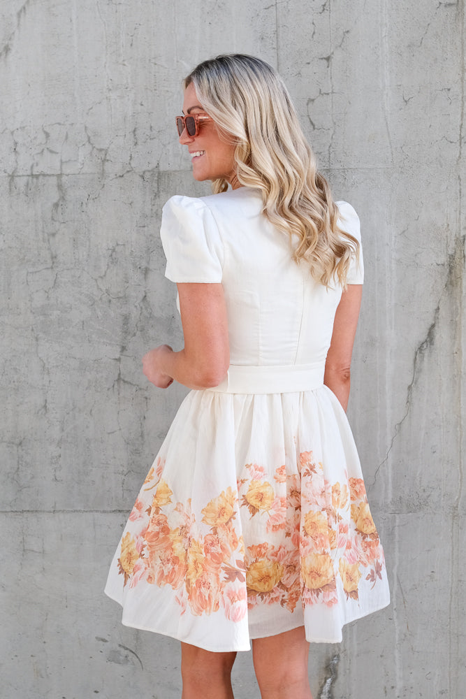 Vanna Pouf Sleeve Mini Dress Cream Peony