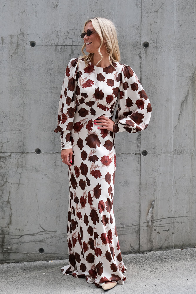 Alize Long Sleeved Satin Maxi Dress Wine Peony