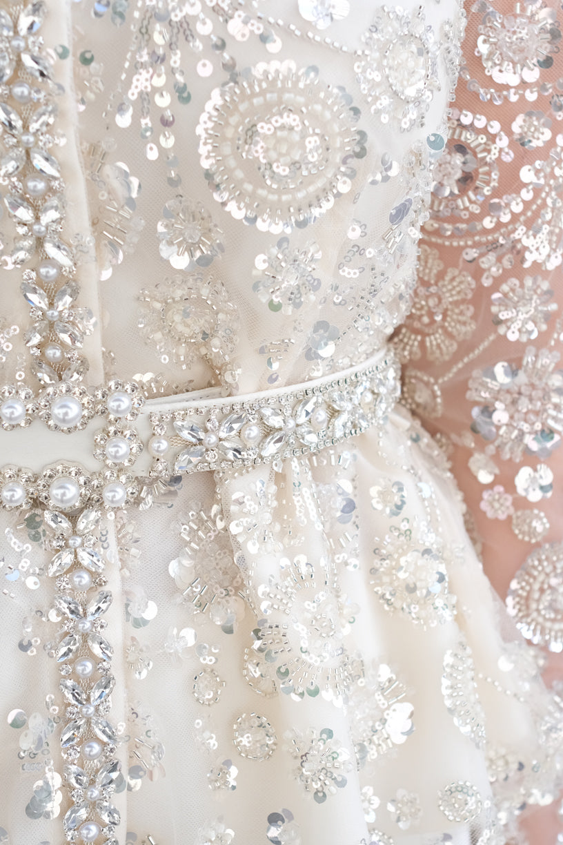 Sequin Embellished Satin Maxi Dress Cream