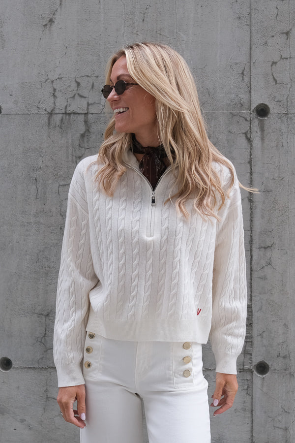 Knitwear Cable Zip Sweater Ecru