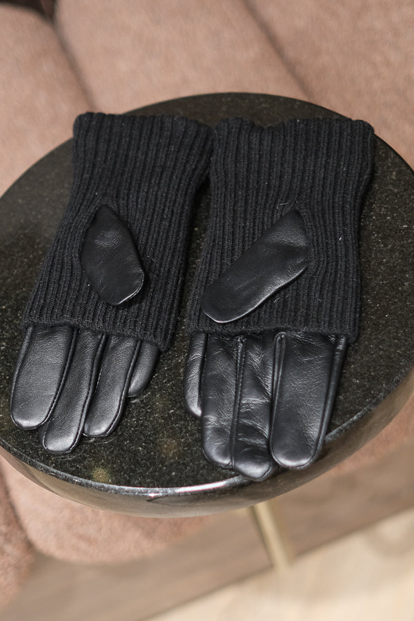 Leather Knit Gloves Black